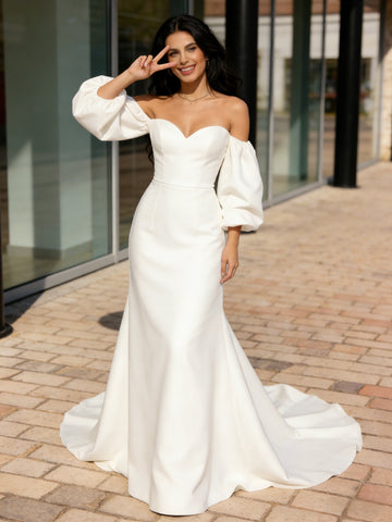 Long Sleeve Satin Trumpet Mermaid Wedding Dress US8 / As the picture