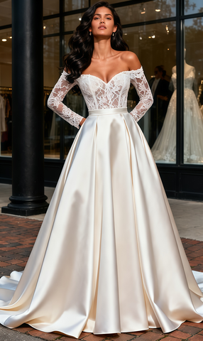 Off The Shoulder Long Sleeve Lace Wedding Dress With Detachable Skirt