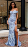 Trumpet Mermaid Floral Blue Off The Shoulder Prom Dress With Slit