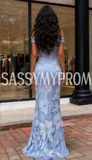 Trumpet Mermaid Floral Blue Off The Shoulder Prom Dress With Slit