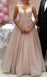 Pink V Neck Sequin A Line Prom Dress With Slit