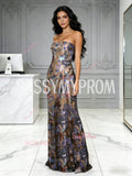 Sequin Lace Sheath Column Strapless Floral Prom Dress