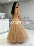 V Neck Sequin Tulle A Line Champagne Prom Dress