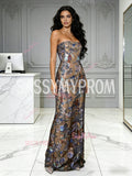 Sequin Lace Sheath Column Strapless Floral Prom Dress