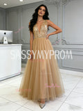 V Neck Sequin Tulle A Line Champagne Prom Dress