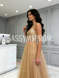 V Neck Sequin Tulle A Line Champagne Prom Dress