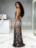 Sequin Lace Sheath Column Strapless Floral Prom Dress