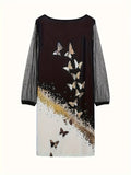 Casual Crew Neck Long Sleeve Sequin Butterfly Dress