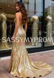 Trumpet Mermaid Sequin Gold Strapless Prom Dress With Slit