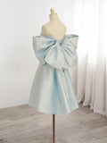 Blue Sweetheart Satin Puffy Sleeve Homecoming Dress With Bow