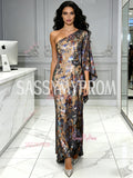 Sequin Sheath Column One Shoulder Floral Prom Dress