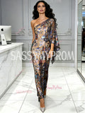 Sequin Sheath Column One Shoulder Floral Prom Dress