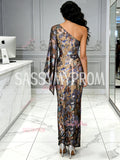 Sequin Sheath Column One Shoulder Floral Prom Dress