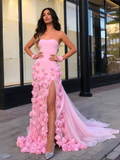 Tulle Trumpet Mermaid Flower Pink Strapless Prom Dress