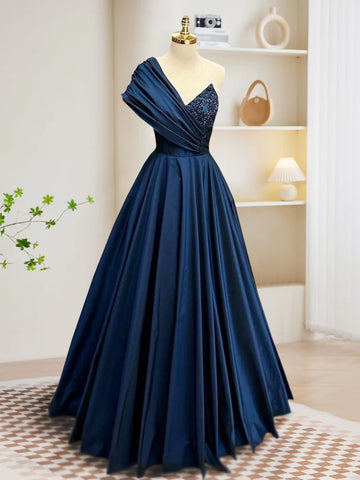 Navy Blue Embellished Bodice One Shoulder Prom Dress