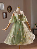 Short Sleeve Sweetheart Floral Green Homecoming Dress