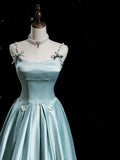 Spaghetti Straps Pearls Light Blue Satin A Line Prom Dress