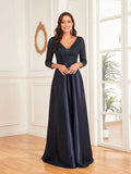 Midnight Navy Satin  Bejeweled Bodice Prom Dress