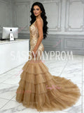 V Neck Sequin Sparkle Tulle Layers Trumpet Mermaid Prom Dress