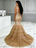 V Neck Sequin Sparkle Tulle Layers Trumpet Mermaid Prom Dress