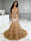 V Neck Sequin Sparkle Tulle Layers Trumpet Mermaid Prom Dress