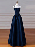 Dreamy Dark Blue Spaghetti Straps Satin Prom Dress