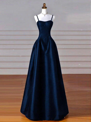 Dreamy Dark Blue Spaghetti Straps Satin Prom Dress