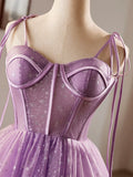 Tie Shoulder Tulle Short Purple A-Line Sweetheart Homecoming Dress