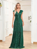 Radiant Green Sequined V-Neck Formal Dress