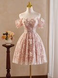 Flower Lace Pink Off The Shoulder Homecoming Dress