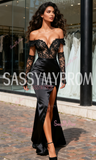 Satin Lace Trumpet Mermaid Off The Shoulder Prom Dress With Slit