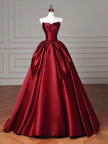 Elegant Strapless Red Satin Sweep Train Prom Dress