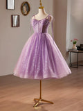 Tie Shoulder Tulle Short Purple A-Line Sweetheart Homecoming Dress