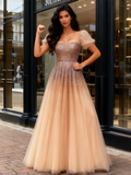 Champagne Short Sleeves Square Sequin A Line Prom Dress