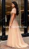 Champagne Short Sleeves Square Sequin A Line Prom Dress