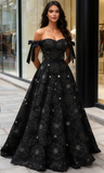 Black Beading Flower A Line Tie Shoulder Prom Dress