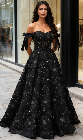 Black Beading Flower A Line Tie Shoulder Prom Dress