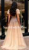 Champagne Short Sleeves Square Sequin A Line Prom Dress