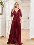 Cape Sleeve Sequin V Neck A Line Maxi Party Dress