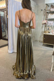 Gold Spaghetti Strap Pleats Long Prom Dress with Slit