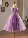 Tie Shoulder Tulle Short Purple A-Line Sweetheart Homecoming Dress