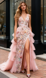 Flowers Layers A Line Pink V Neck Prom Dress With Slit