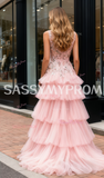 Flowers Layers A Line Pink V Neck Prom Dress With Slit