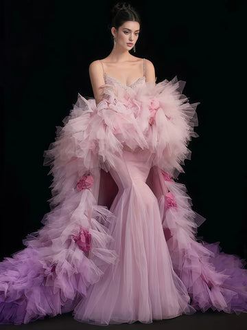 Tulle Beading Pink Trumpet Mermaid Prom Dress With Cape Sassymyprom Tulle Beading Pink Trumpet Mermaid Prom Dress With Cape Sassymyprom