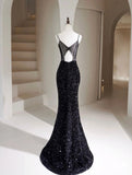 Mermaid Velvet Sequin Black Open Back Prom Dress