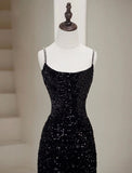 Mermaid Velvet Sequin Black Open Back Prom Dress