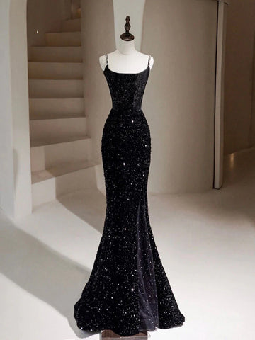Mermaid Velvet Sequin Black Open Back Prom Dress