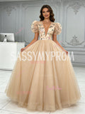 Puffy Sleeve V Neck Lace Embroidery A Line Prom Dress