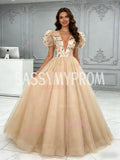Puffy Sleeve V Neck Lace Embroidery A Line Prom Dress