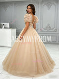 Puffy Sleeve V Neck Lace Embroidery A Line Prom Dress